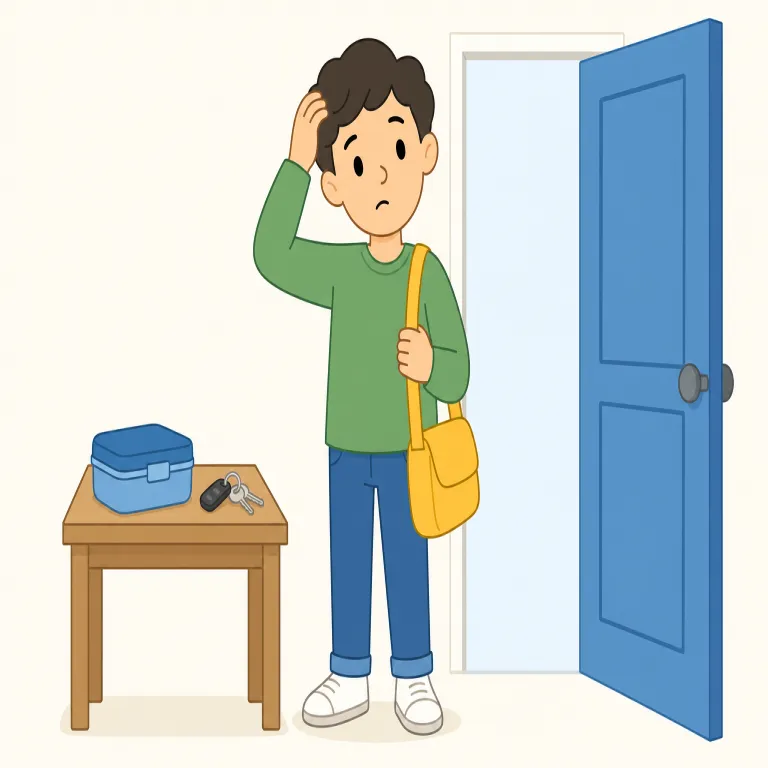 forgetful（忘れっぽい・形容詞）の覚え方イラスト — forgetful は forget「忘れる」に -ful が付いた形で、「忘れる性質がある」と考えると覚えやすいです