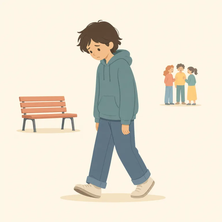 forlornly（寂しげに・副詞）の覚え方イラスト — forlorn はもともと「失われた、見捨てられた」という意味だったため、単なる sadly「悲しそうに」より、独り残され希望も薄い場面を思い描くと覚えやすいです