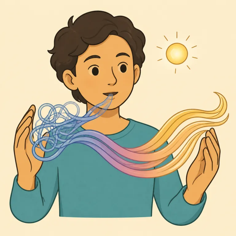 formulation（表現・言い回し・名詞）の覚え方イラスト — 絡まった考えが滑らかな言葉の形へ整う様子