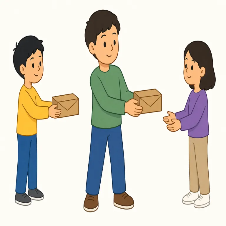 forwarder（貨物運送取扱業者・名詞）の覚え方イラスト — この意味では forwarder は、単にメールなどを「転送する人」ではなく、貨物を目的地へ進める手続きをまとめる業者を指します