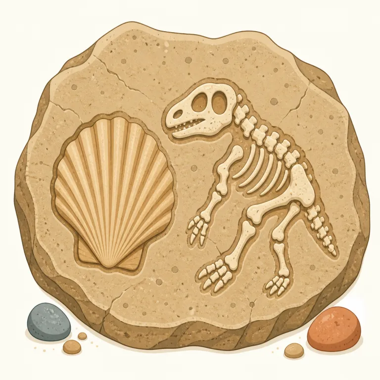 fossil（化石・名詞）の覚え方イラスト — fossil の中心イメージは、岩そのものではなく「かつて生きていたものの証拠」です
