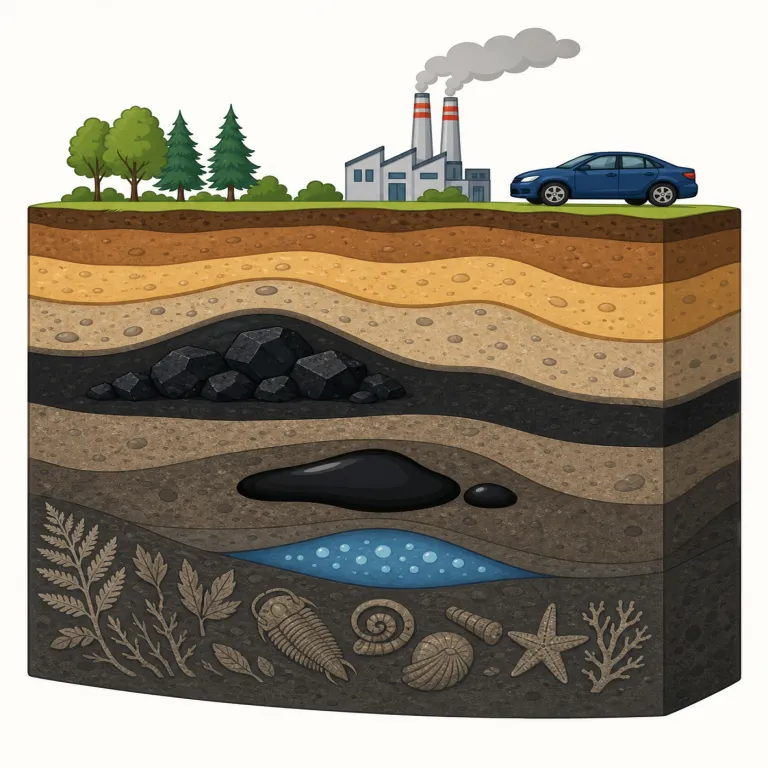 fossil fuel（化石燃料・名詞）の覚え方イラスト — 中心は fuel「燃料」