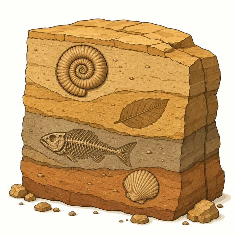 fossiliferous（化石を含む・形容詞）の覚え方イラスト — fossil が見えるので、まず「化石に関係する地質用語」と押さえます