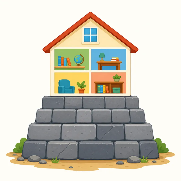 foundational（基礎的な・形容詞）の覚え方イラスト — foundation（土台）をそのまま形容詞にした形だと見ると覚えやすい語です
