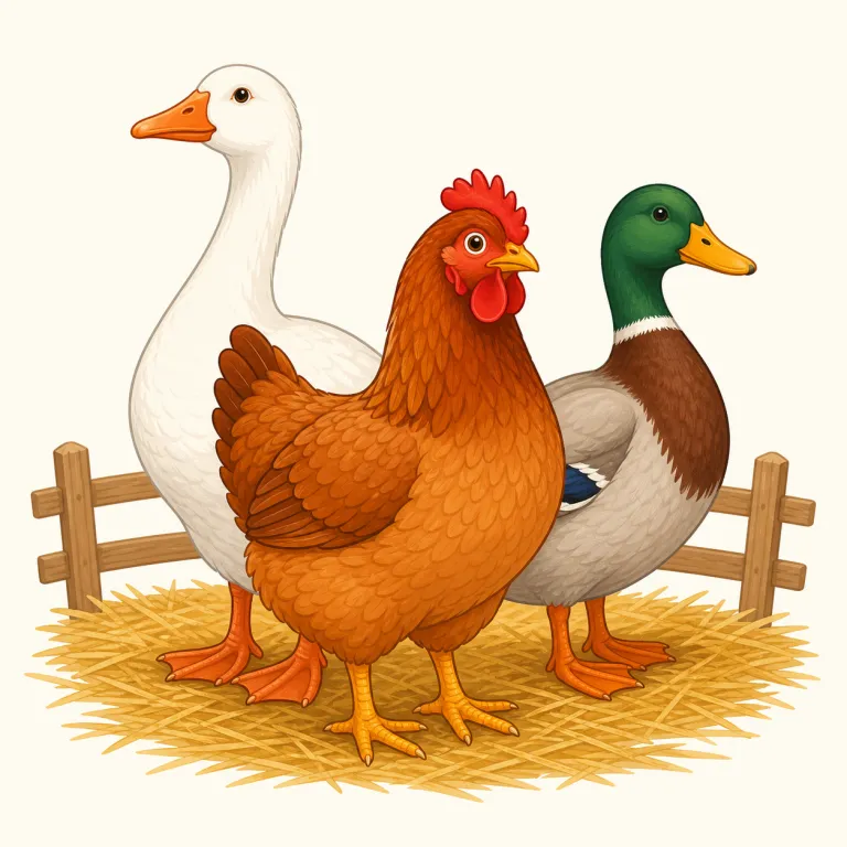fowl（家禽・名詞）の覚え方イラスト — fowl は bird より少し硬く、農場で飼われる「鳥の家畜」を表す語として覚えると定着しやすいです