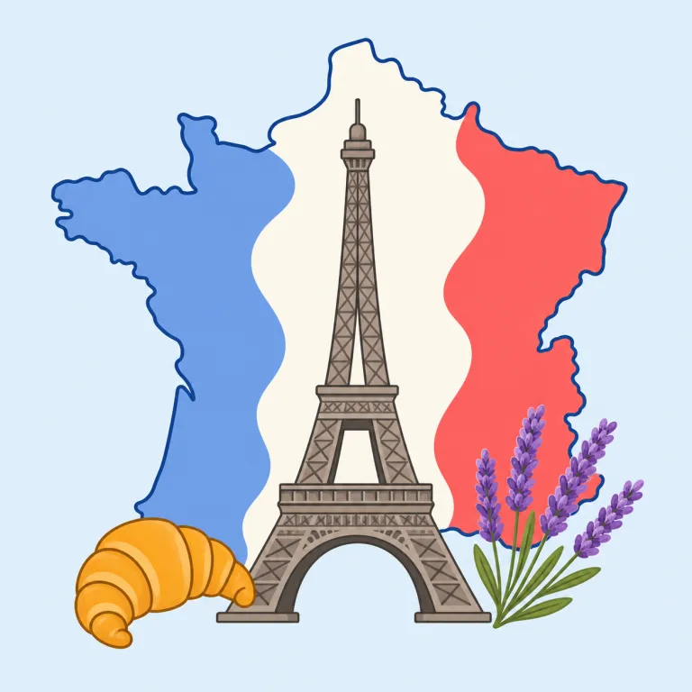 france（フランス・名詞）の覚え方イラスト — France は固有名詞なので、まず Paris, French, wine, fashion など「頭に浮かぶ定番イメージ」と束で覚えると定着しやすいです