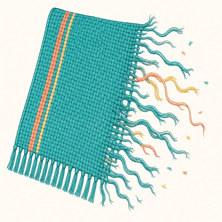 fraying（ほつれていく、すり減っていく・動詞）の覚え方イラスト — fraying は fray の進行形で、「端から少しずつほどけていく最中」の映像で覚えると残りやすい語です