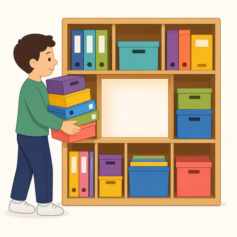 free up（空ける・句動詞）の覚え方イラスト — free はまず「自由にする」、up は句動詞で「すっかり・使える状態まで」という完成感を足すことが多いので、free up で「ふさがっていた時間・場所・資源を解放して使えるように…