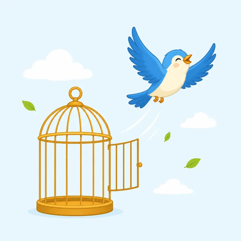 freedom（自由・名詞）の覚え方イラスト — freedom は free「自由な」に -dom「状態・領域」を付けた抽象名詞で、「外から制限されず、自分の意志で行動・発言・選択できる状態」を表します