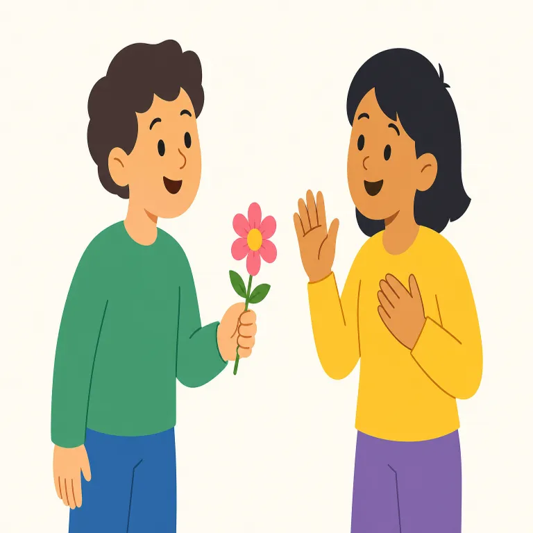 friendly（親しみやすい、友好的な・形容詞）の覚え方イラスト — friend が分かれば、「友だちのように接してくる感じ」で覚えやすい