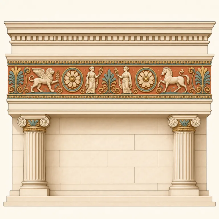 frieze（帯状装飾・名詞）の覚え方イラスト — 建築語としては、wall・column などの部位名と一緒に覚えると定着しやすい語です