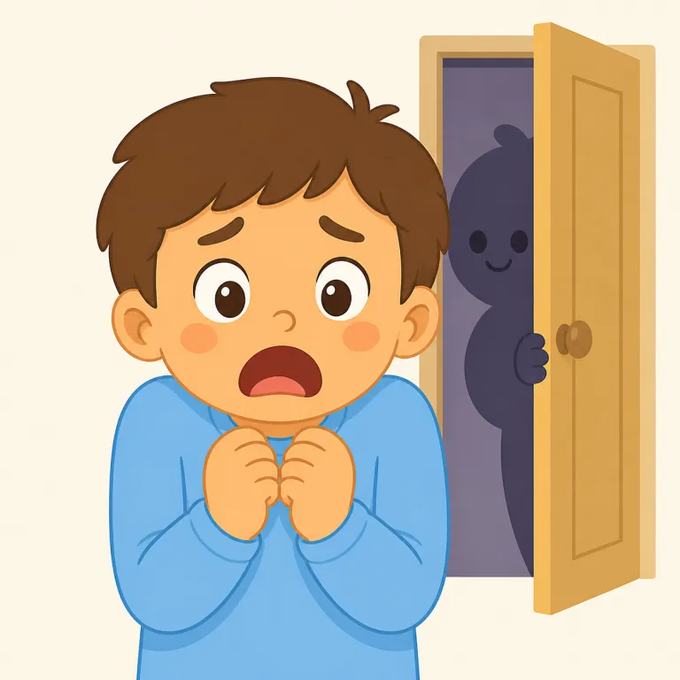 fright（恐怖・名詞）の覚え方イラスト — この fright は「ぎょっとすること」という一瞬の驚きではなく、身の危険や強い不安で心が固まるような「恐怖」を表す名詞として覚えます