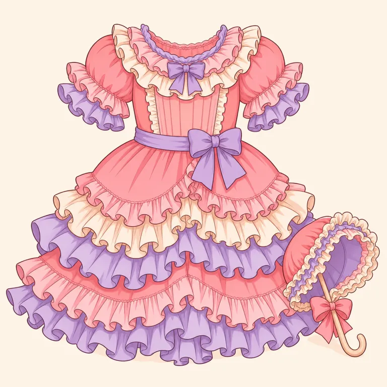 frilly（フリル付き・形容詞）の覚え方イラスト — frill（フリル）＋形容詞語尾 -y で、「フリルのある」「ひだ飾りっぽい」と分解すると定着しやすい