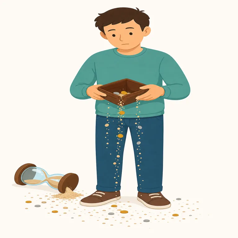 fritter away（浪費する・句動詞）の覚え方イラスト — fritter away は、価値ある時間やお金を無駄なことに使って、結果的に浪費してしまう表現です