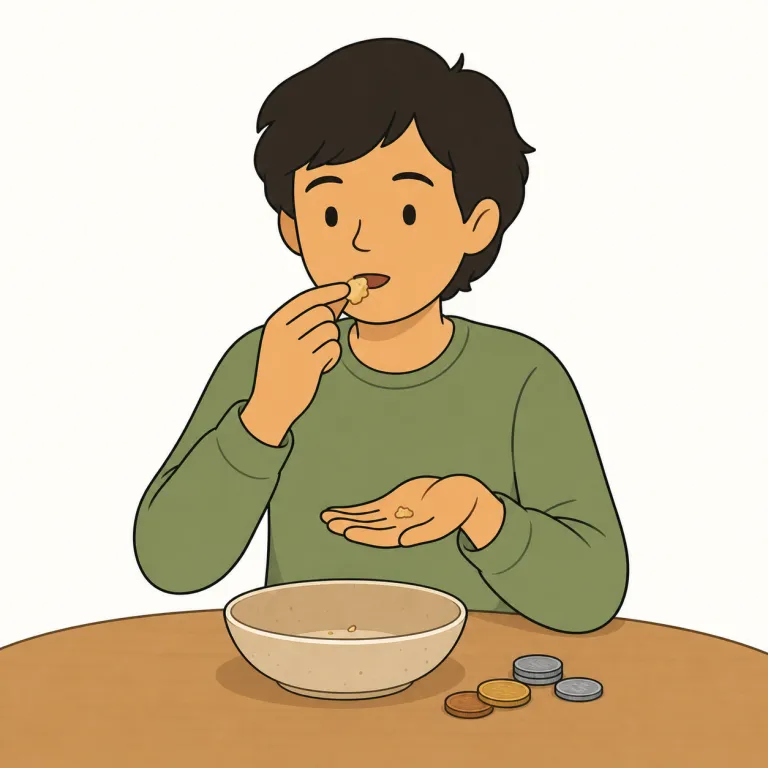 from hand to mouth（その日暮らし・イディオム）の覚え方イラスト — まず「hand」と「mouth」というごく基本語でできた慣用句だと押さえると覚えやすいです