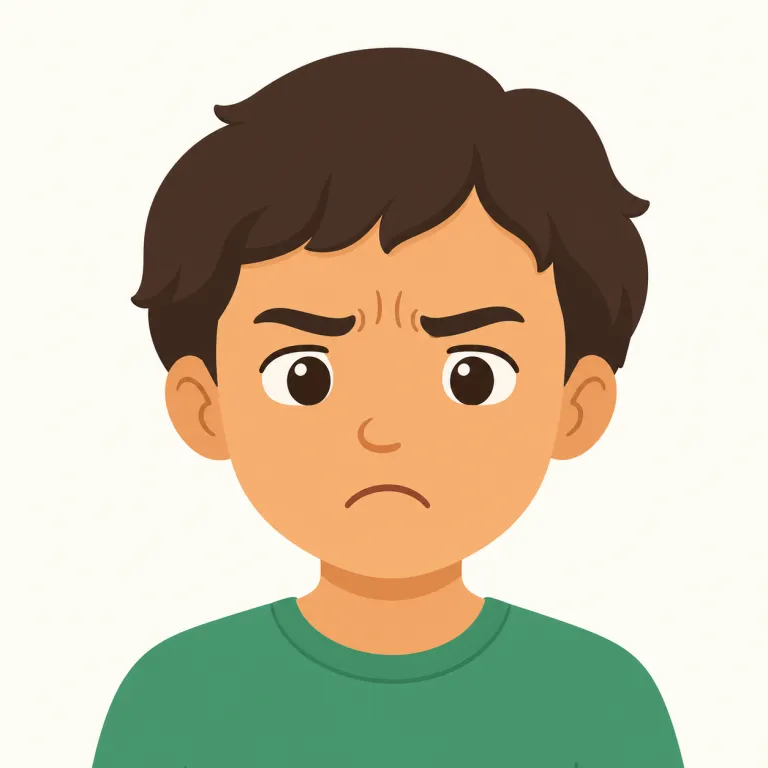 frown（眉をひそめる・動詞）の覚え方イラスト — 動詞 frown は「顔で小さく反対する」動作として覚えます