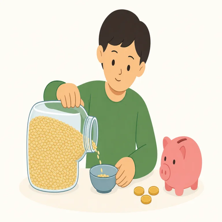 frugally（倹約的に・副詞）の覚え方イラスト — frugally は frugal「お金や資源をむだにしない」に -ly が付いた副詞です