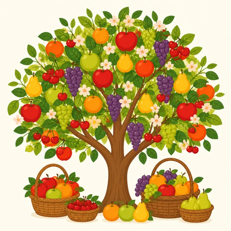 fruitfulness（実り豊かさ・名詞）の覚え方イラスト — fruit「果物」から fruitful「実を多くつける、成果を生む」、さらに -ness で名詞化して fruitfulness「実り豊かさ」と考えます