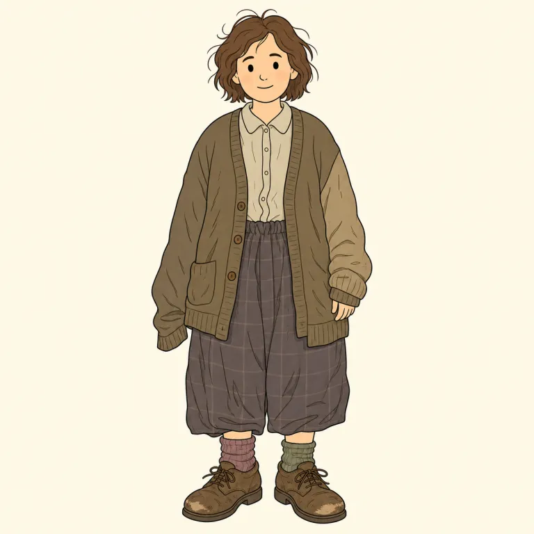 frumpy（野暮ったい・形容詞）の覚え方イラスト — frumpy は、服装やスタイルが野暮ったく、流行遅れで洗練されていない様子を表す形容詞です