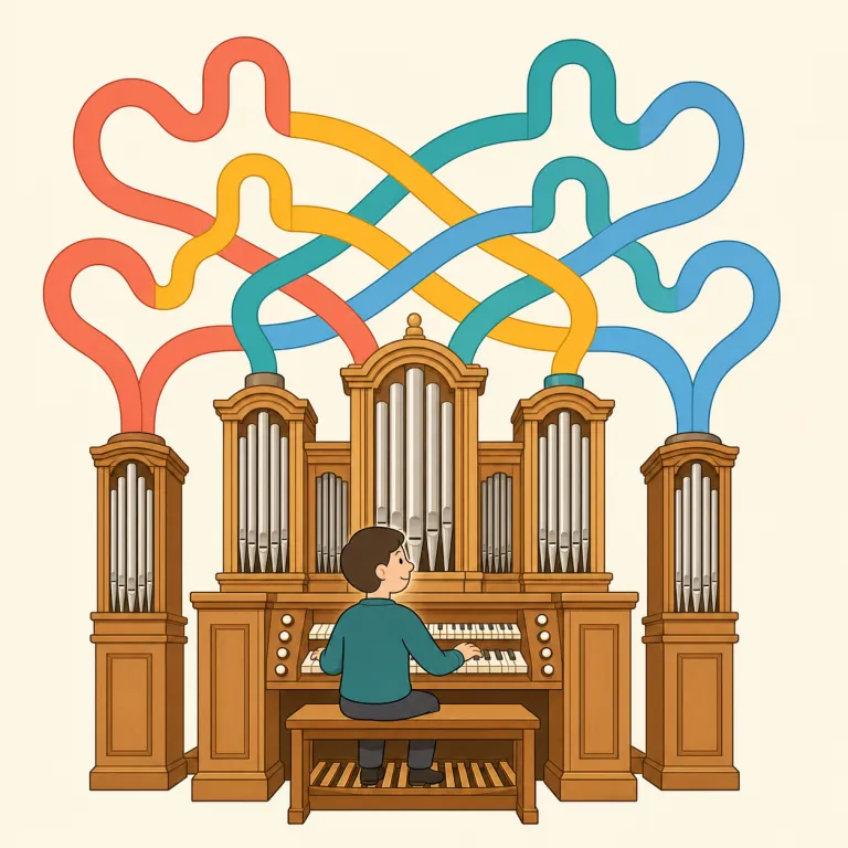 fugue（フーガ・名詞）の覚え方イラスト — fugue は「バッハ」「主題が順番に現れて追いかけ合う」をセットで覚えると定着します
