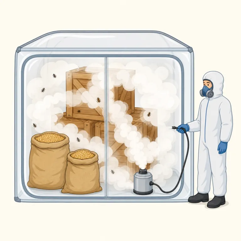 fumigation（燻蒸・名詞）の覚え方イラスト — fume（煙・臭気）を知っているとつなげやすい語です