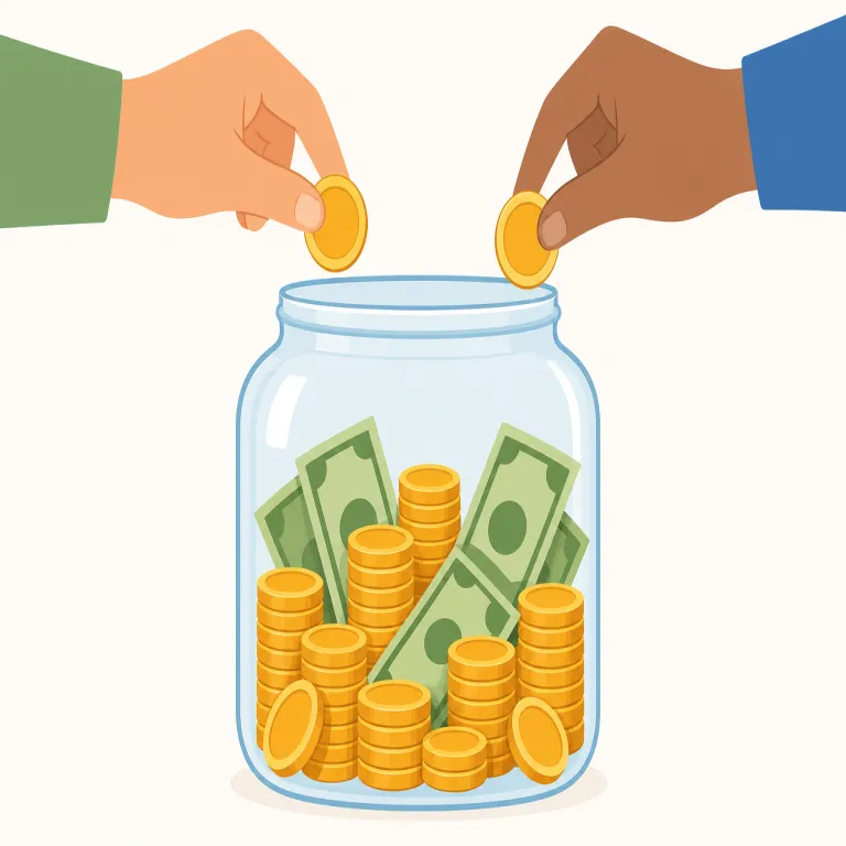 fund（資金、基金・名詞）の覚え方イラスト — 名詞 fund「基金・資金」をそのまま動詞化した形だと押さえると覚えやすいです