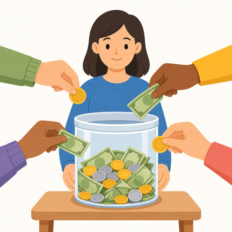 fundraise（寄付金を集める・動詞）の覚え方イラスト — fund は funding, refund などで見かける「資金」の fund と結びつけると覚えやすいです