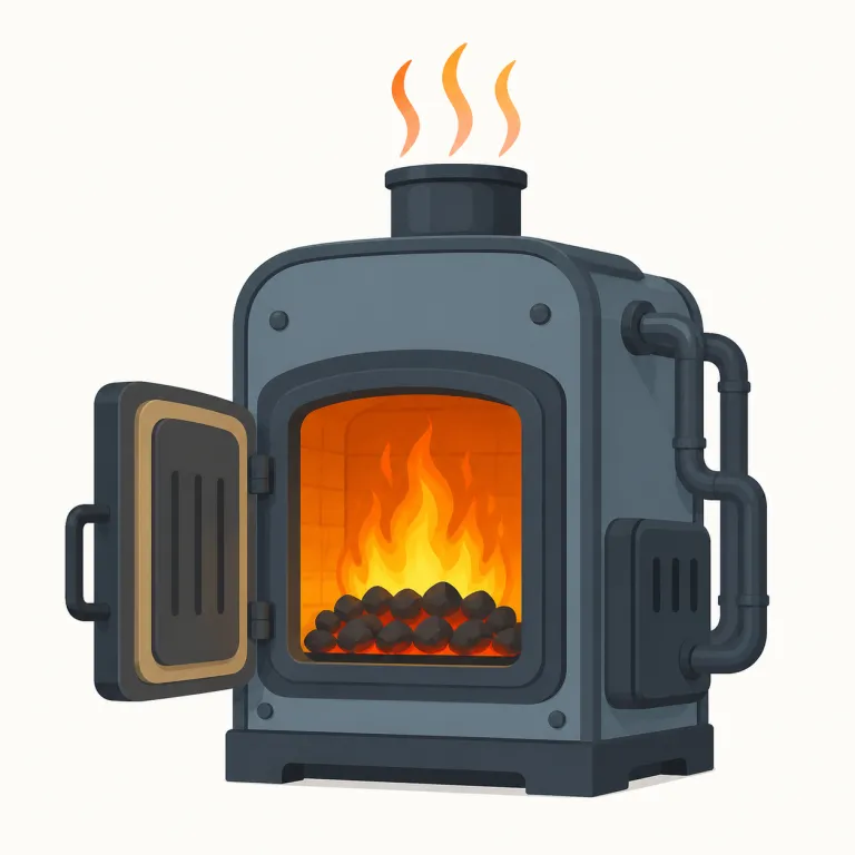 furnace（炉、暖房装置・名詞）の覚え方イラスト — oven や stove よりも、もっと大きく強力に熱を出す装置だと整理すると覚えやすい語です