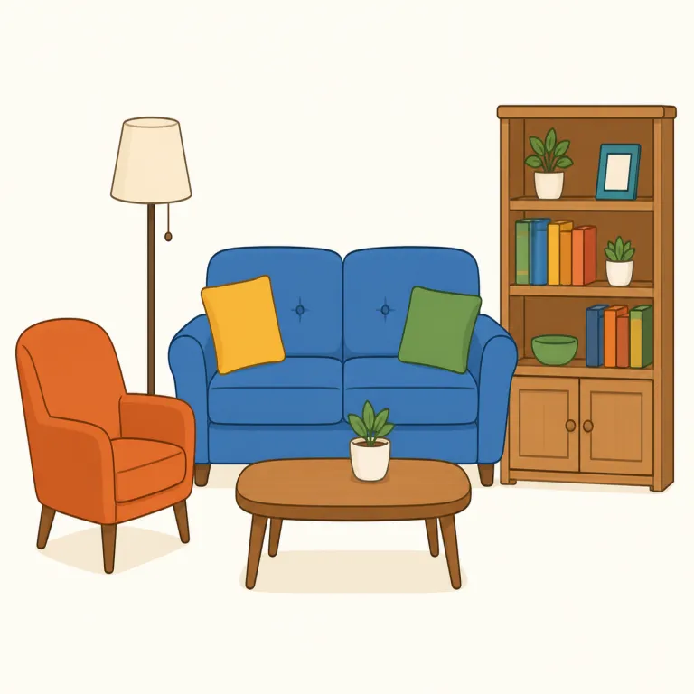 furniture（家具・名詞）の覚え方イラスト — このエントリでは furniture を、調度品全般という広い訳ではなく、机・椅子・棚・ベッドなど室内に置いて生活や作業に使う大きな物として覚えます