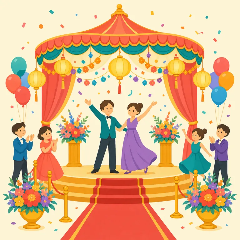 gala（祝祭 / 祭典・名詞）の覚え方イラスト — gala は、正装した人々が集まる華やかな祝祭・祭典を表す