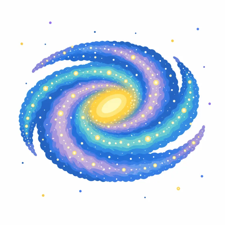 galaxy（銀河・名詞）の覚え方イラスト — この項目の galaxy は、天の川そのものではなく、星・ガス・ちりが重力でまとまった巨大な天体システムを指します