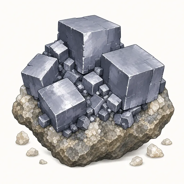galena（方鉛鉱・名詞）の覚え方イラスト — galena は単独で暗記するより、lead（鉛）・ore（鉱石）・mineral（鉱物）のセットで覚えると残りやすい語です