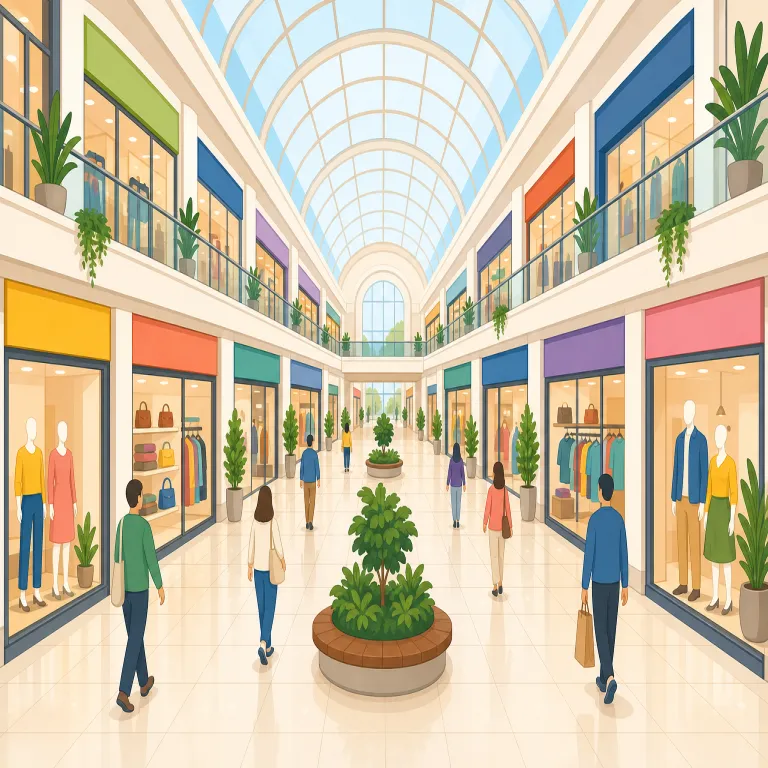 galleria（ショッピングモール、商業施設・名詞）の覚え方イラスト — gallery を知っているなら、「見て歩く空間」が店の並ぶ商業施設になった感じで覚えると残りやすいです