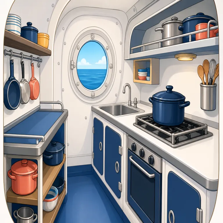 galley（調理室・名詞）の覚え方イラスト — galley は kitchen の仲間ですが、家の台所ではなく船や飛行機の中の調理スペースを思い浮かべると覚えやすいです