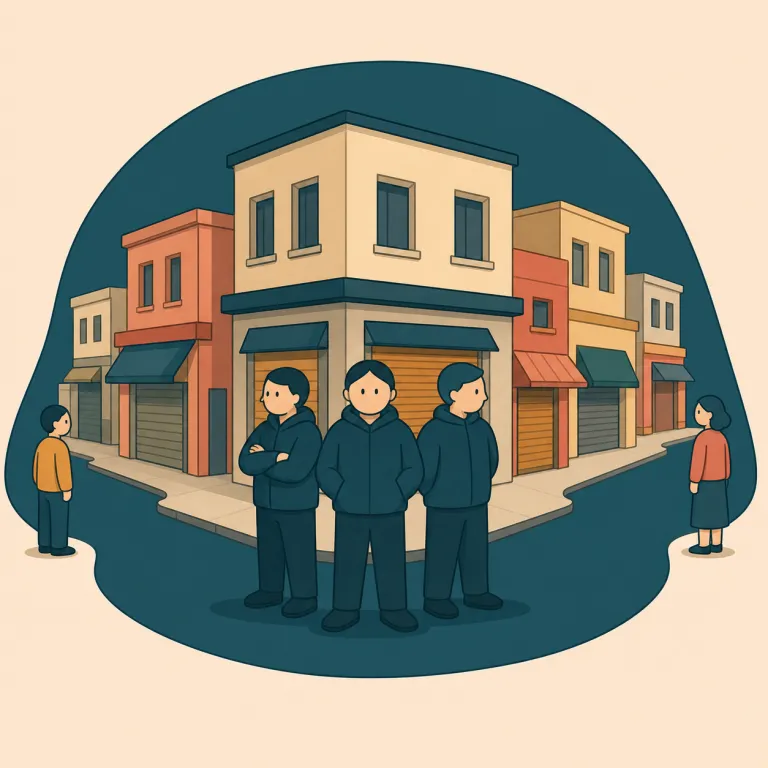 gangland（暗黒街・名詞）の覚え方イラスト — gangland は、まず gang「ギャング集団」と land「土地・領域」に分けると覚えやすい