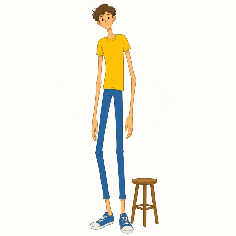 gangly（ひょろ長い・形容詞）の覚え方イラスト — gangly は lanky「ひょろ長い」に近く、背が高く手足が長いけれど、体のバランスがまだ整っていない感じを表します