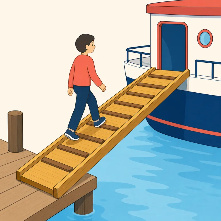 gangplank（桟板・名詞）の覚え方イラスト — plank が「厚い板」と分かれば、gangplank は『人が渡るための板』として覚えやすい