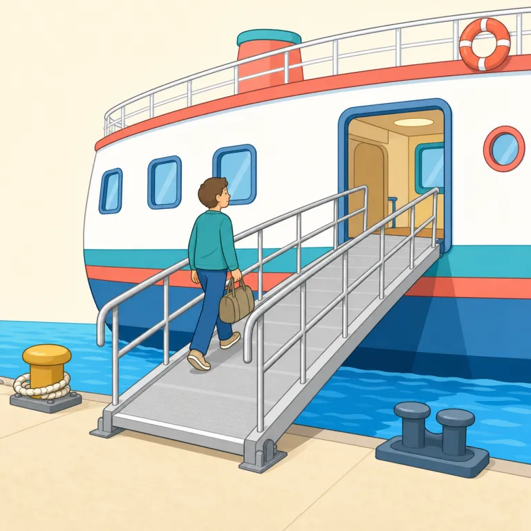 gangway（通路・名詞）の覚え方イラスト — gang は「行く」、way は「道」と考えると、「行くための道」つまり通路と覚えられます