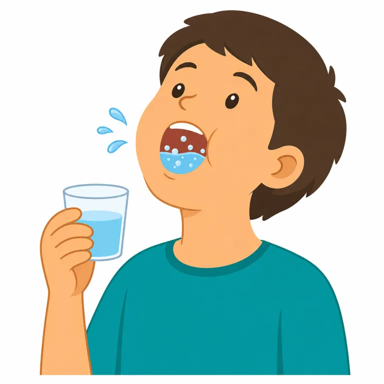 gargle（うがいをする・動詞）の覚え方イラスト — gargle は風邪の場面で「Gargle with salt water.（塩水でうがいして）」の一文ごと覚えると残りやすいです