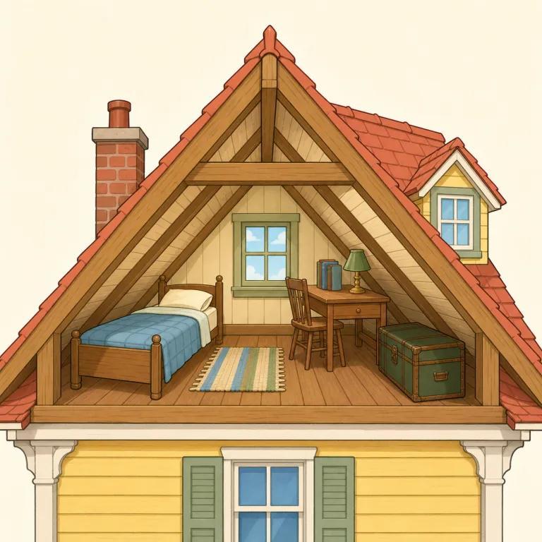 garret（屋根裏部屋・名詞）の覚え方イラスト — attic を知っていれば、garret は「もっと古風で、狭く、質素な屋根裏部屋」というニュアンスで覚えると残りやすいです