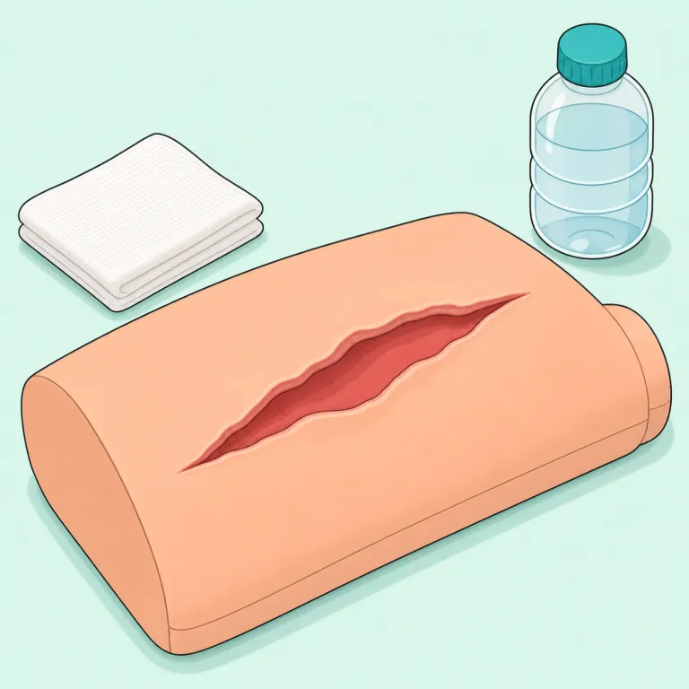 gash（深い切り傷・名詞）の覚え方イラスト — cut や scratch よりずっと深く、slash に近い「ざっくり大きく切れて開いた傷」を思い浮かべると定着します