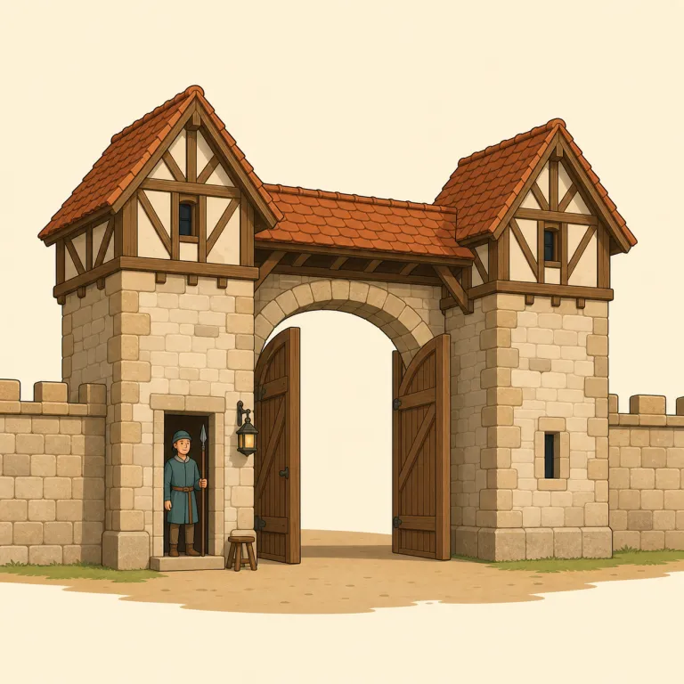 gatehouse（門番小屋、守衛所、門楼・名詞）の覚え方イラスト — gate + house の直球の複合語として覚えるのが最短です