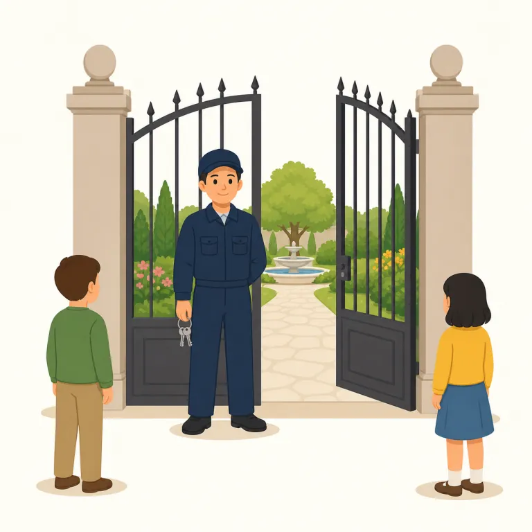 gatekeeper（門番・名詞）の覚え方イラスト — gate（門）+ keeper（守る人）で、まず「門の前で通すか止めるか決める人」と組み立てると覚えやすいです