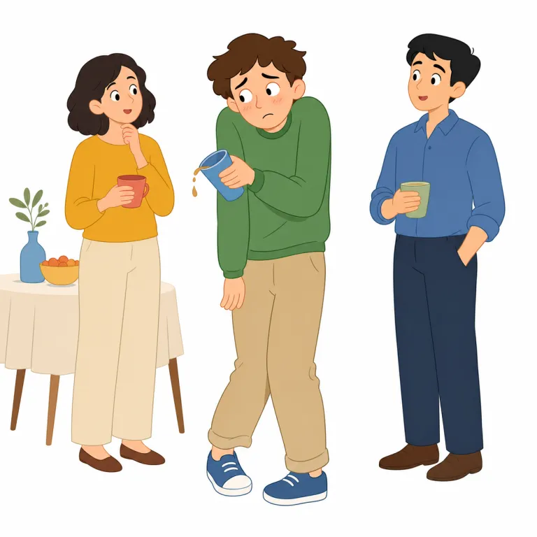 gauche（ぎこちない・形容詞）の覚え方イラスト — gauche は「社交の場で awkward」という場面で覚えると残りやすい語