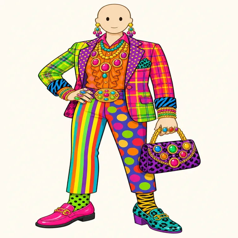 gaudy（けばけばしい、悪趣味な・形容詞）の覚え方イラスト — gaudy は「目立つ」だけの bright や colorful ではなく、派手すぎて品がない時に使う語