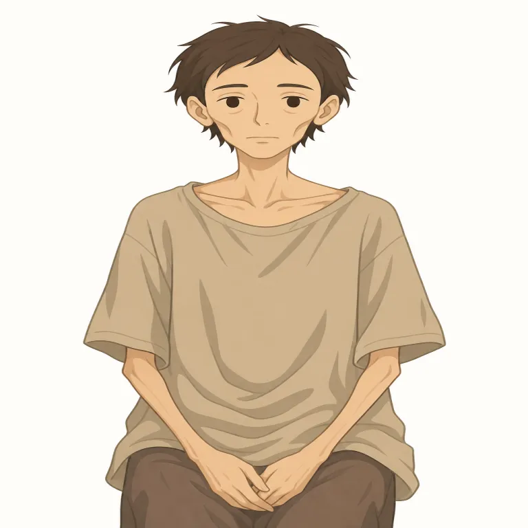 gaunt（やつれた・形容詞）の覚え方イラスト — thin や slim は単に細いだけでも言えるが、gaunt は「病気・疲労・飢えで頬がこけ、骨ばって見える」レベルの細さ