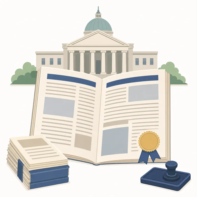 gazette（新聞・名詞）の覚え方イラスト — gazette は「一般の newspaper」ではなく、government gazette のように政府・官公庁が出す公式なお知らせ集として覚える
