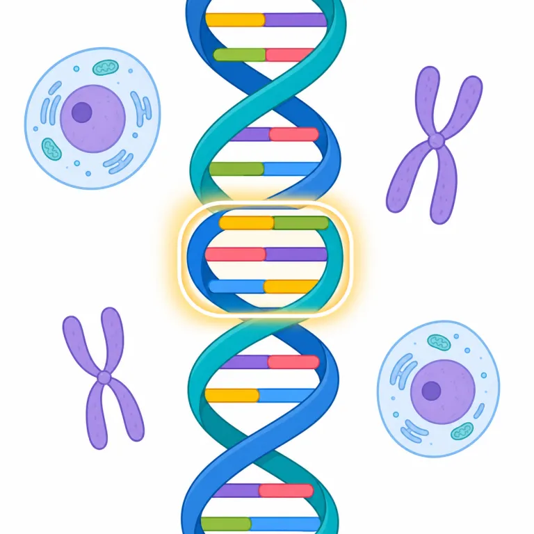gene（遺伝子・名詞）の覚え方イラスト — gene は genetics（遺伝学）, genetic（遺伝の）の芯になる最重要語として覚えると定着しやすいです
