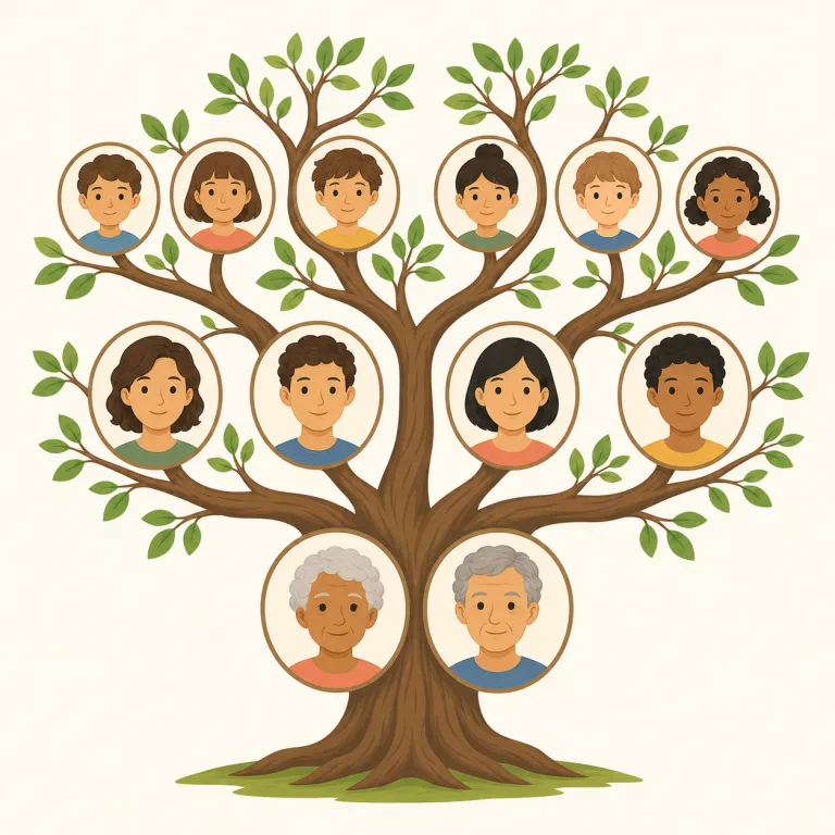 genealogical（系図的な・形容詞）の覚え方イラスト — genealogical は genealogy（家系・系譜の調査）を形容詞化した語