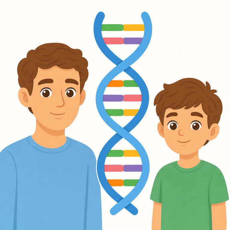genetically（遺伝的に・副詞）の覚え方イラスト — genetically は gene「遺伝子」から genetic「遺伝の」、さらに -ly で副詞になった形です